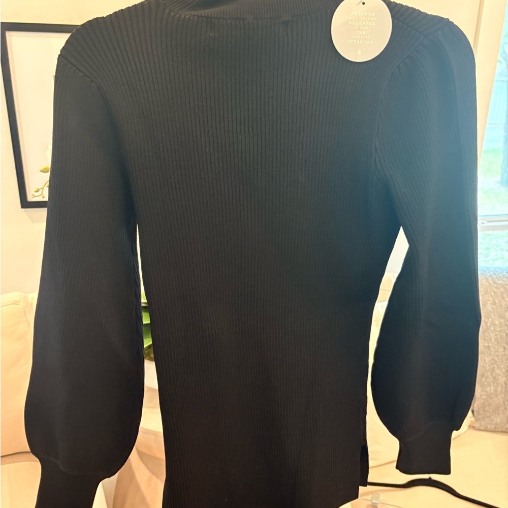 Hill House black ribbed mock-neck sweater with puff sleeves - Picture 2 of 4